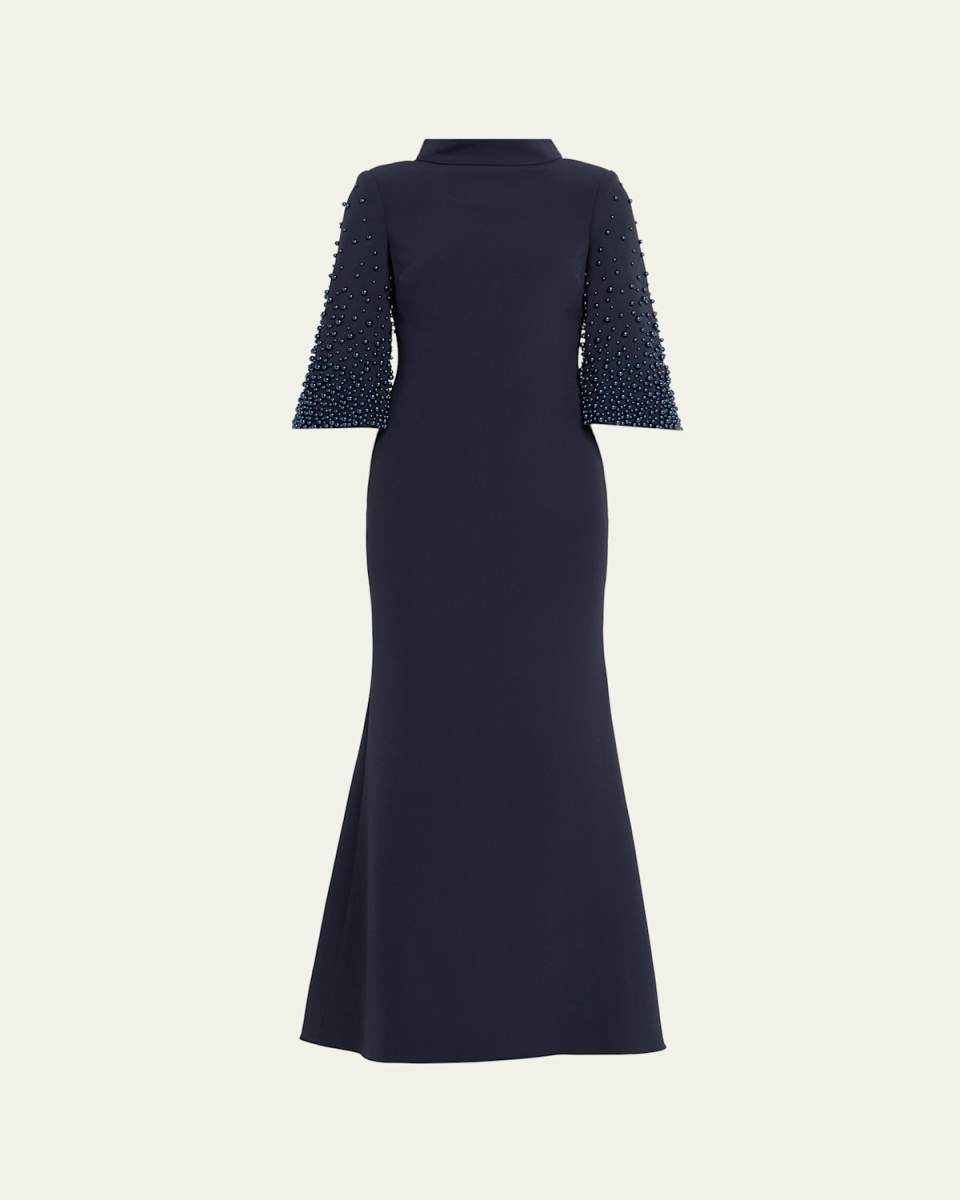 Beaded Funnel-Neck Crepe Trumpet Gown